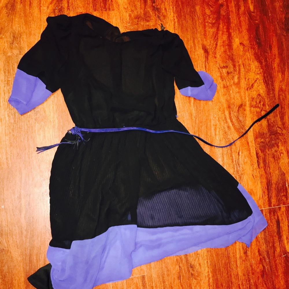 Black Blue-Trimmed Belted Dress with Black Slip